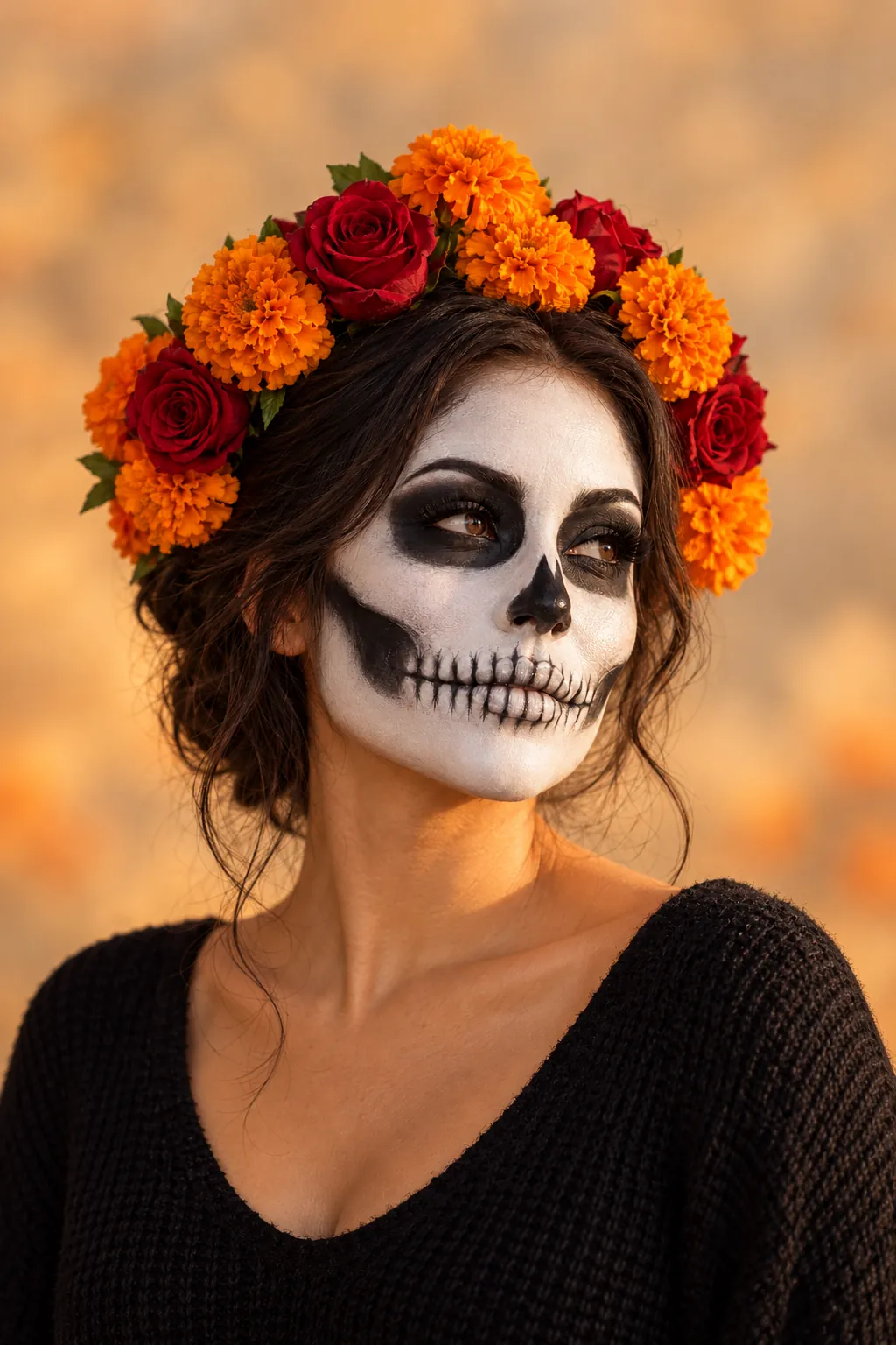 A woman in heavy skeleton face paint with black eye sockets and painted teeth, wearing a crown of orange marigolds and red roses